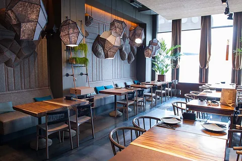 Daytime cafe interior with tables